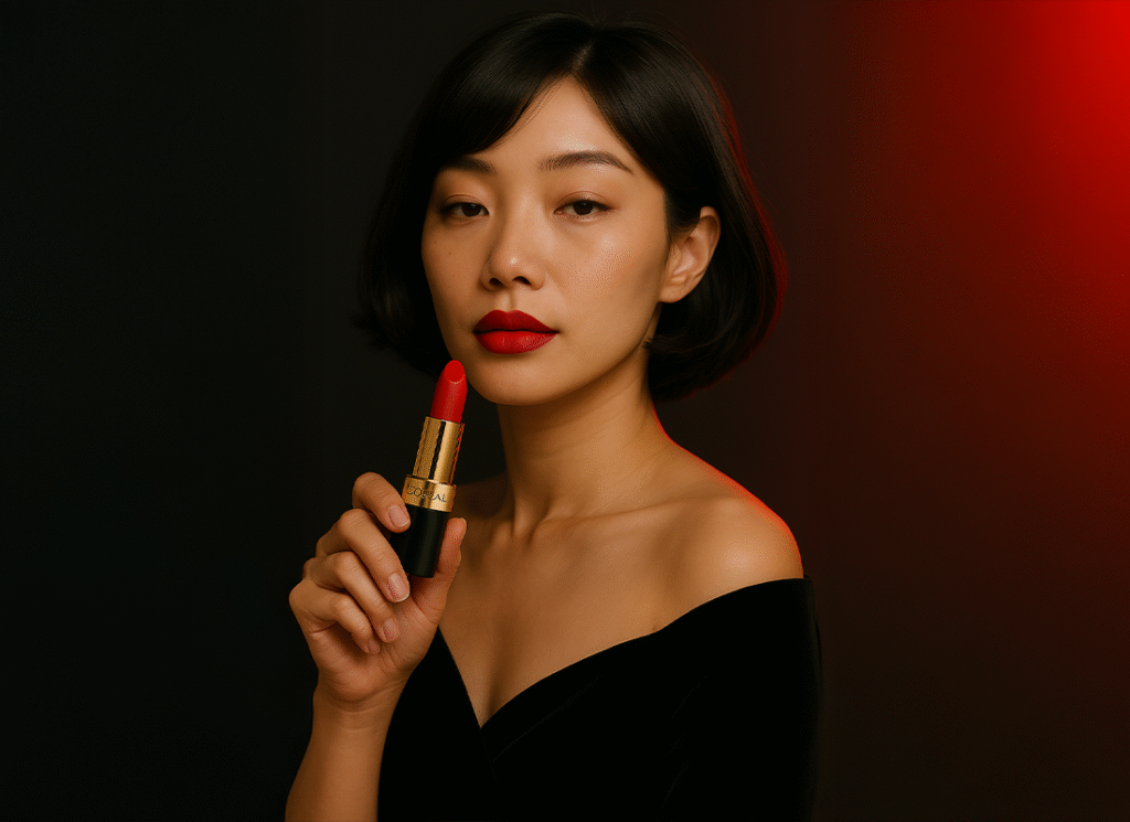 ChatGPT prompt for product advertisement 2 Portrait of a woman with short black hair wearing red lipstick, holding a red L’Oréal lipstick near her face against a dark backdrop with red lighting.
