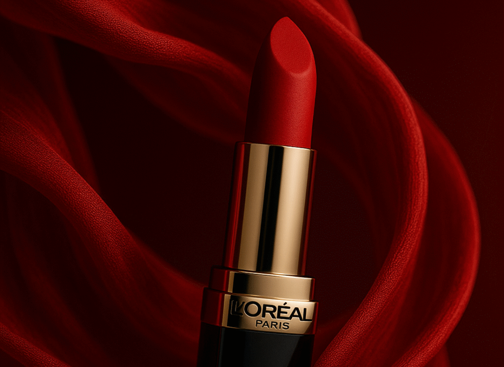 ChatGPT prompt for product advertisement 3 Close-up of a red L’Oréal lipstick standing upright amid flowing red fabric, highlighting its smooth texture and gold casing.