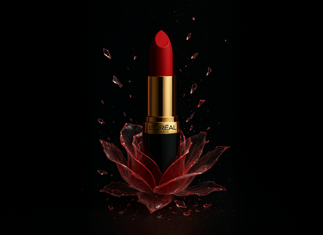 ChatGPT prompt for product advertisement 4 L’Oréal red lipstick standing upright on a black background, surrounded by a translucent red flower and floating shards, symbolizing elegance and power in a dramatic visual style.