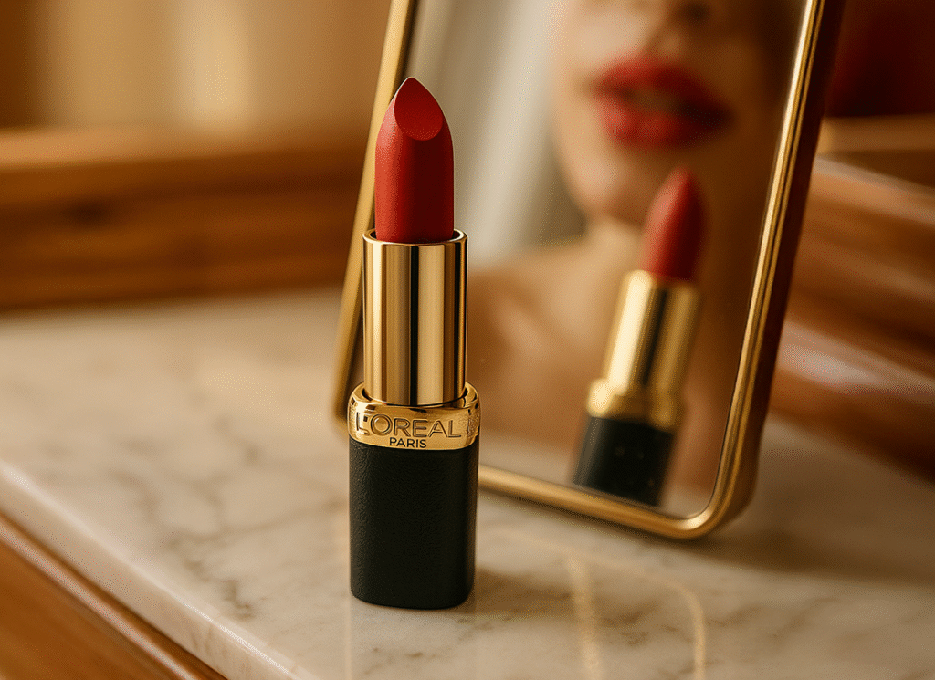 ChatGPT prompt for product advertisement 6 Red L’Oréal lipstick with its cap off, resting on a marble surface with its reflection visible in a nearby mirror.