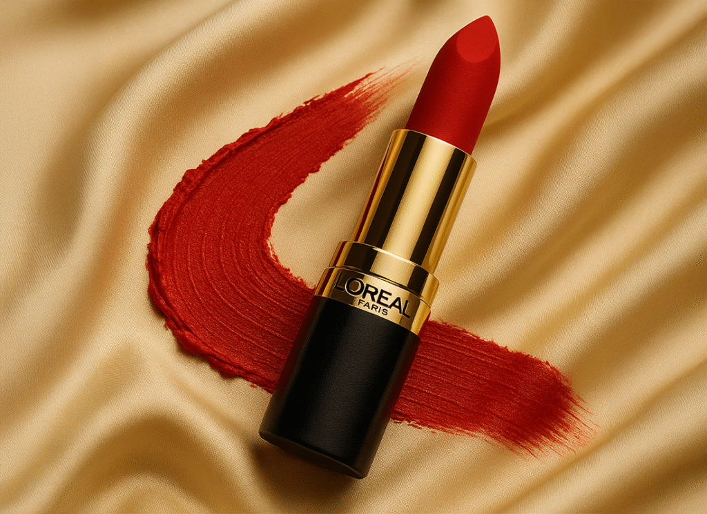 ChatGPT prompt for product advertisement 7 Red L’Oréal lipstick with a smooth swipe of lipstick color painted on golden silk fabric.