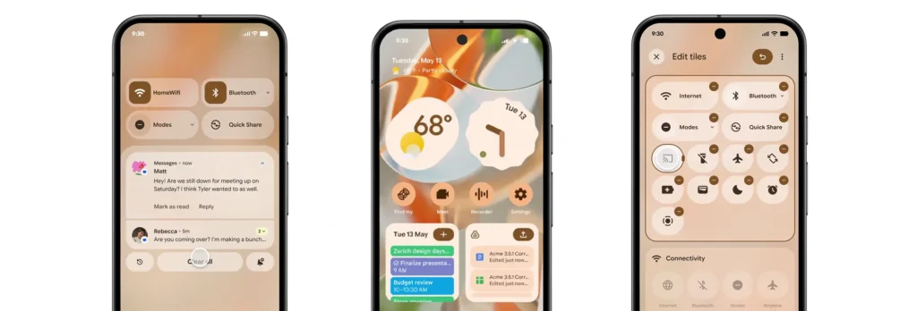 Android 16 x Material 3 Expressive: A First Glimpse 2 Three mobile screen shows customized navigation panel