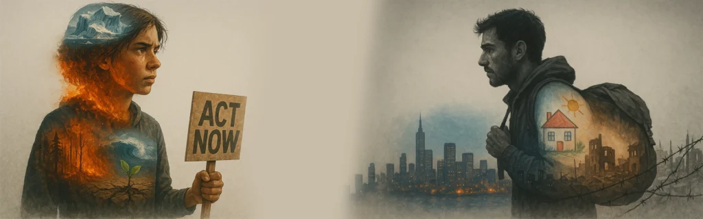 10+ Creative Ways to Use ChatGPT Image Generator (That Actually Work) 37 Double exposure artwork of a climate activist and a migrant man showing nature, destruction, and hope in a powerful visual narrative