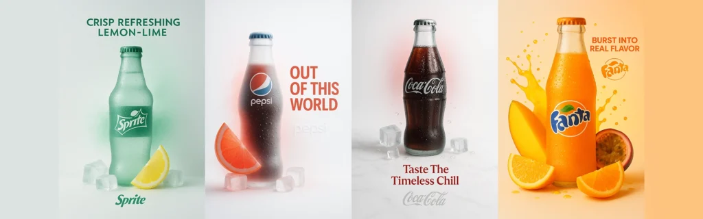 10+ Creative Ways to Use ChatGPT Image Generator (That Actually Work) 27 High-quality beverage ad featuring Sprite, Pepsi, Coca-Cola, and Fanta bottles with fruit and ice on minimalist frosted backgrounds