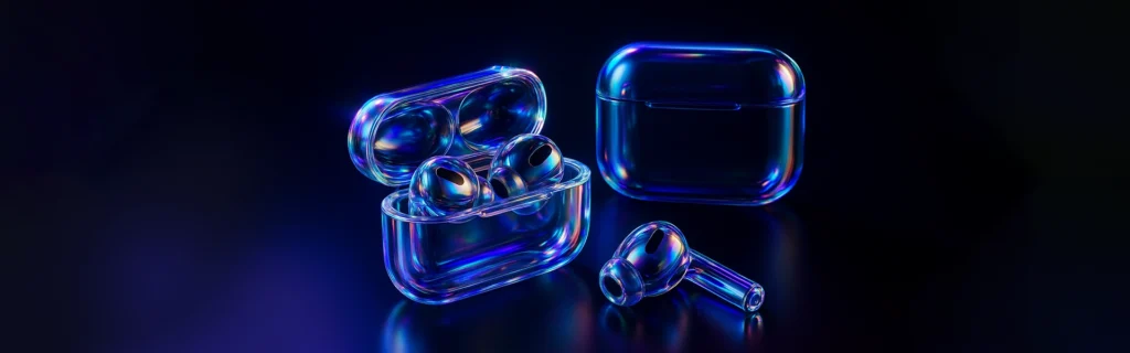 10+ Creative Ways to Use ChatGPT Image Generator (That Actually Work) 22 3D-rendered transparent iridescent earbuds and charging case with glowing blue and purple reflections on a dark background