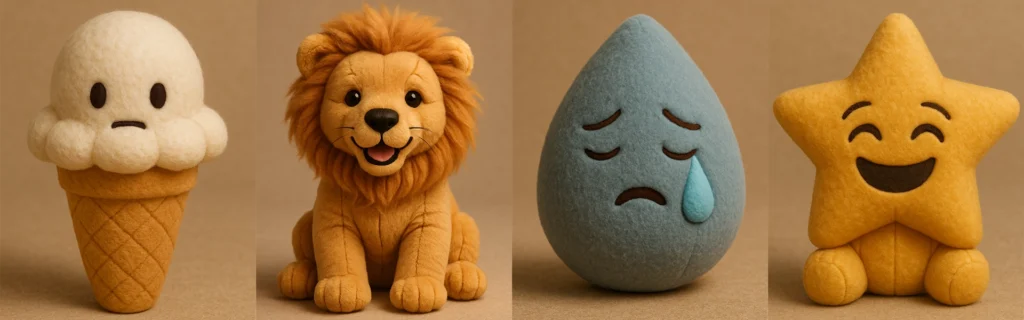10+ Creative Ways to Use ChatGPT Image Generator (That Actually Work) 41 Plush toy-style emojis including a lion, sad teardrop, smiling star, and worried ice cream rendered in soft fabric texture