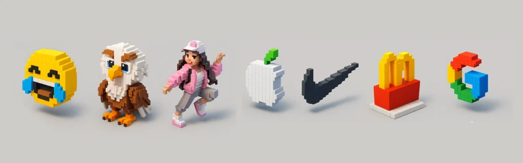 10+ Creative Ways to Use ChatGPT Image Generator (That Actually Work) 4 Voxel art style miniatures including laughing emoji, eagle, girl character, and logos of Apple, Nike, McDonald’s, and Google
