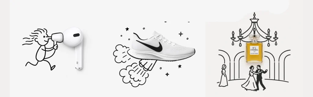 10+ Creative Ways to Use ChatGPT Image Generator (That Actually Work) 1 Creative minimalist product ads combining real objects with black ink doodles for Apple AirPods, Nike shoes, and Chanel perfume