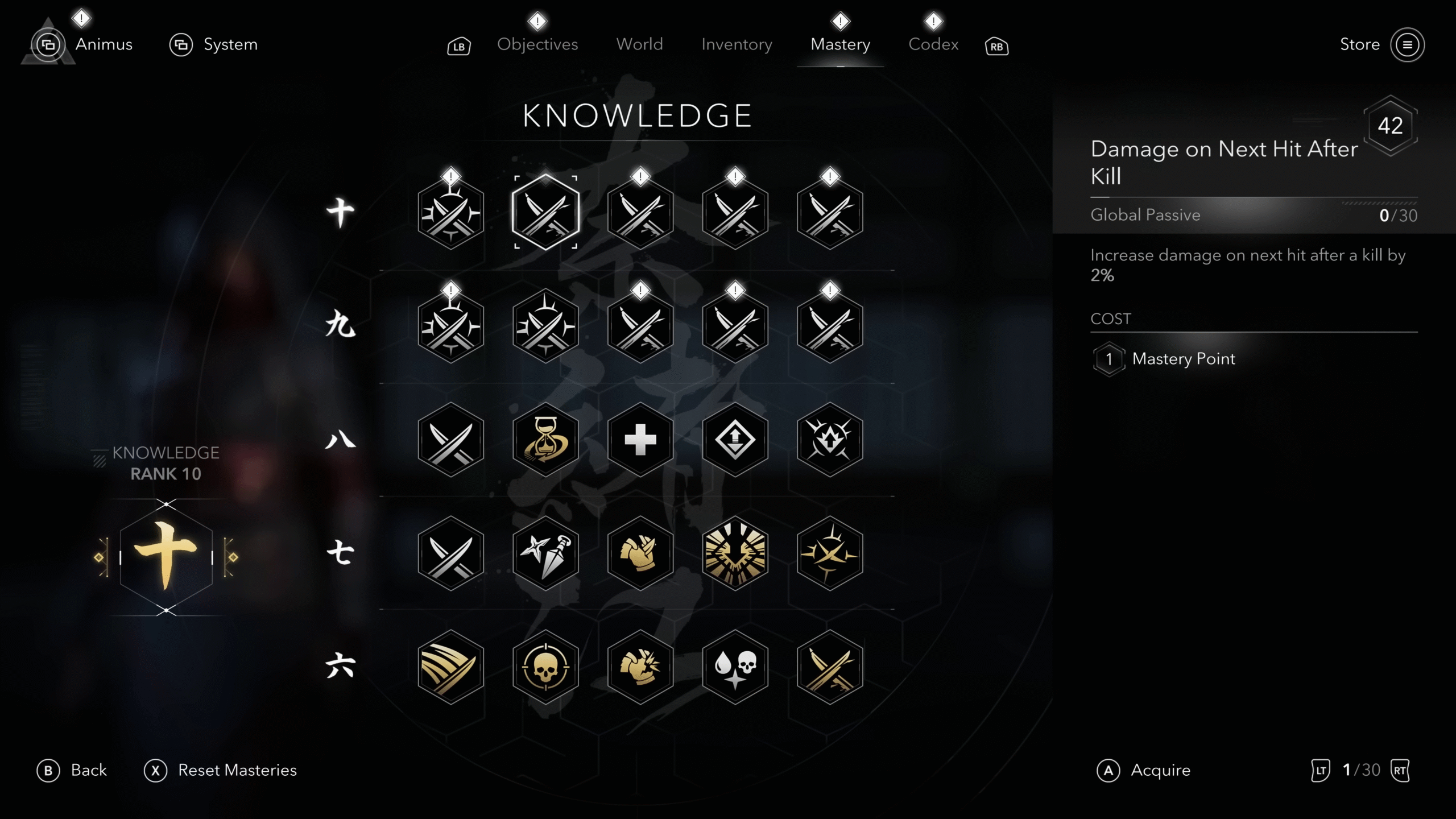 Screenshot of the "Knowledge" mastery tree in Assassin's Creed: Shadows, showing a variety of passive skill nodes organized in hexagonal patterns. The highlighted node on the right reads “Damage on Next Hit After Kill,” which increases damage by 2% after each kill. The player is at Knowledge Rank 10 with 1 Mastery Point available.