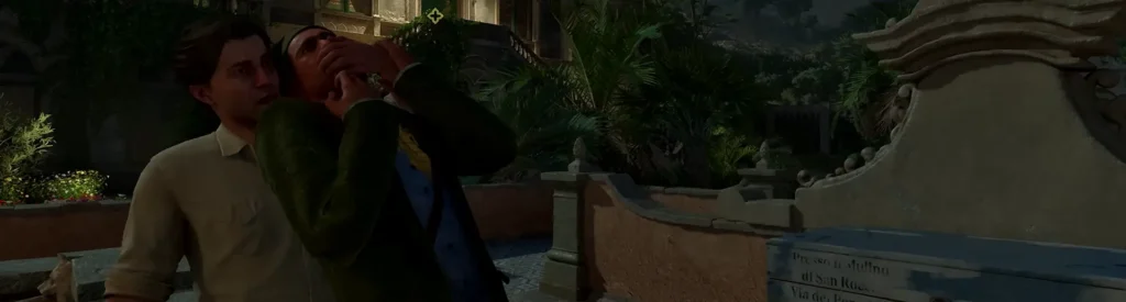 The Complete Mafia Game Story Timeline Explained | 1920 - 1968 2 A stealth scene from Mafia 4 featuring Enzo Favara. The character, dressed in a cream shirt, is seen silently taking down a guard from behind in a lush, dimly lit courtyard with Mediterranean-style architecture and dense greenery in the background. The moment is tense and cinematic, reflecting the game's focus on covert action and mafia drama set in 1920s Sicily.