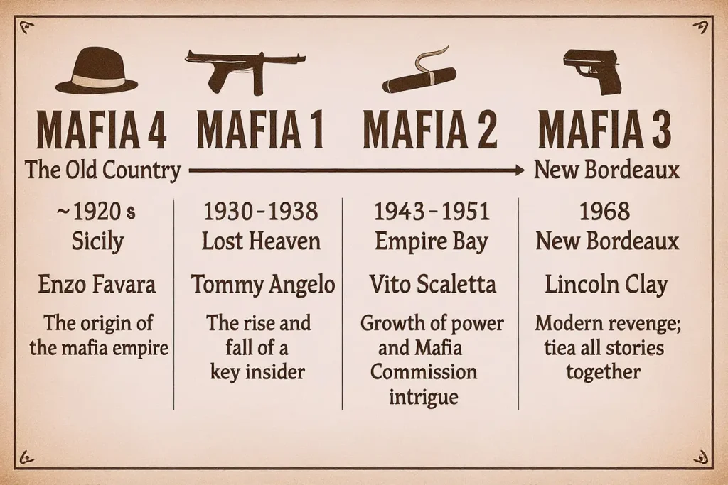 The Complete Mafia Game Story Timeline Explained | 1920 - 1968 1 A vintage-styled infographic summarizing the Mafia game series timeline. It displays all four games in chronological order: Mafia 4 (~1920s Sicily, Enzo Favara), Mafia 1 (1930–1938 Lost Heaven, Tommy Angelo), Mafia 2 (1943–1951 Empire Bay, Vito Scaletta), and Mafia 3 (1968 New Bordeaux, Lincoln Clay), highlighting each hero and their narrative role in the crime saga.