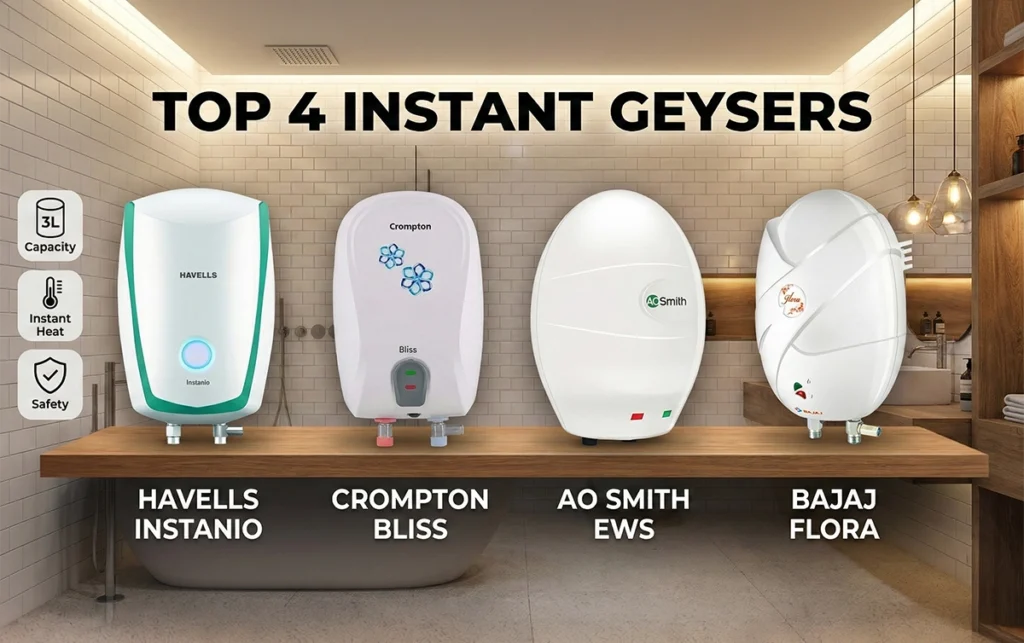 A comparison image titled "Top 4 Instant Geysers" showing four small-capacity wall-mounted electric water heaters lined up on a wooden shelf in a modern bathroom. The featured models are Havells Instanio, Crompton Bliss, AO Smith EWS, and Bajaj Flora. Icons on the left indicate 3-liter capacity, instant heat, and safety features. Brand names and product names are listed below each geyser.