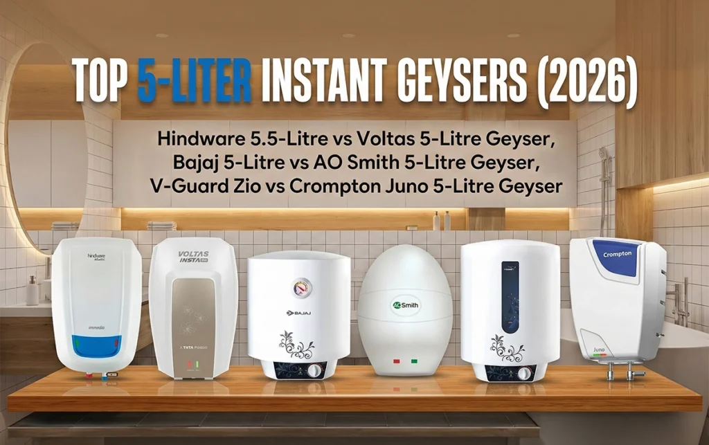 A banner image titled "Top 5-Liter Instant Geysers (2026)" shows six electric water heaters lined up on a wooden counter in a modern bathroom setting. The geysers displayed are Hindware, Voltas, Bajaj, AO Smith, V-Guard Zio, and Crompton Juno, representing different brands and models. The text compares Hindware 5.5-Litre vs Voltas 5-Litre, Bajaj 5-Litre vs AO Smith 5-Litre, and V-Guard Zio vs Crompton Juno 5-Litre Geysers. A "Blog Feature" label is visible in the top right corner.