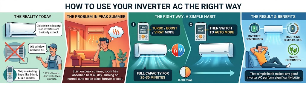 Best AC 2026 — The Only Buying Guide You'll Actually Need (1.5 Ton, 5 Star) 17 Infographic explaining how to use the Best 1.5 Ton 5 Star AC in India 2026. It recommends starting in Turbo/Boost mode for 20–30 minutes to cool hot walls quickly, then switching to Auto mode for maximum energy efficiency and consistent cooling.