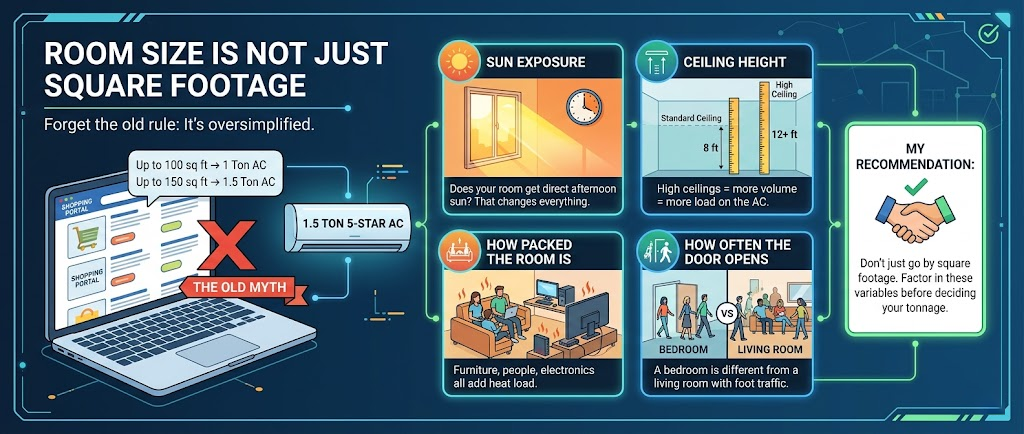 Best AC 2026 — The Only Buying Guide You'll Actually Need (1.5 Ton, 5 Star) 16 Infographic detailing factors beyond square footage, such as sun exposure, ceiling height, and heat load, to consider when selecting the Best 1.5 Ton 5 Star AC in India 2026.