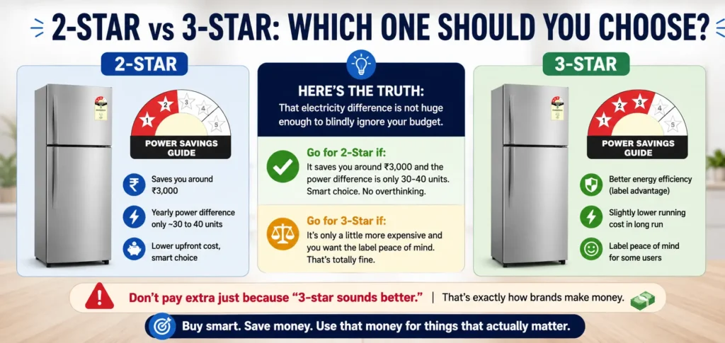 2-star vs 3-star double door refrigerator comparison showing price savings, yearly electricity difference, energy label benefits, and practical buying advice for choosing the best double door refrigerator under 25000.