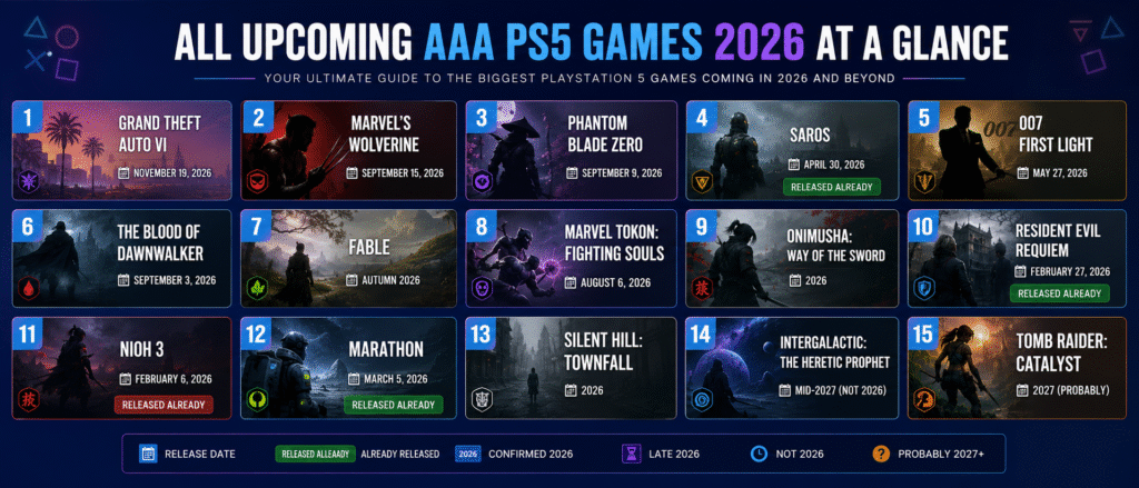 Upcoming AAA PS5 Games 2026 infographic featuring GTA 6, Marvel’s Wolverine, Fable, Nioh 3, Resident Evil Requiem, and other major PlayStation 5 releases.
