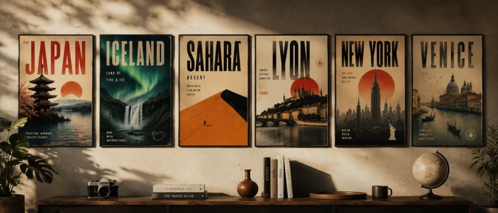 AI travel posters with ChatGPT displayed as framed cinematic wall art in a modern interior setup. The image showcases vintage-style destination posters for Japan, Iceland, Sahara Desert, Lyon, New York, and Venice with bold typography, minimalist aesthetics, and warm editorial lighting in a wide 21:9 composition.