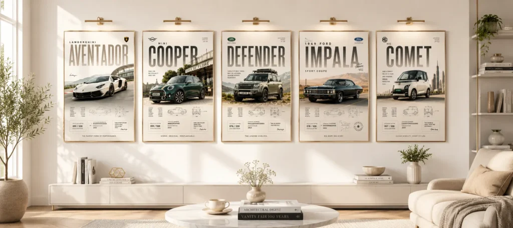 AI Car Posters with ChatGPT displayed as framed collectible automotive prints on a bright modern living room wall, featuring Lamborghini Aventador, Mini Cooper, Defender, Ford Impala, and MG Comet poster designs in a clean aesthetic gallery setup.