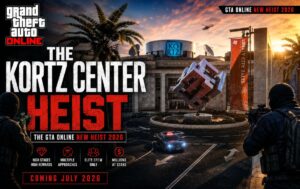 GTA 6 Pre-Orders Start June 25 — Cover Art Revealed, Release Date Locked In 1 GTA Online New Heist 2026 feature image showcasing the Kortz Center Heist with armed crew members, police presence, luxury vehicles, and the iconic Kortz Center in GTA Online.