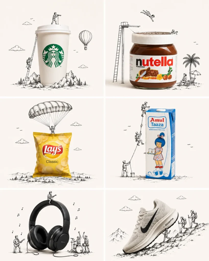 How to Create Doodle Product Ads with ChatGPT 2 AI Doodle Product Ads created with ChatGPT, featuring Starbucks, Nutella, Lay’s, Amul, headphones and Nike products with creative hand-drawn doodle illustrations.