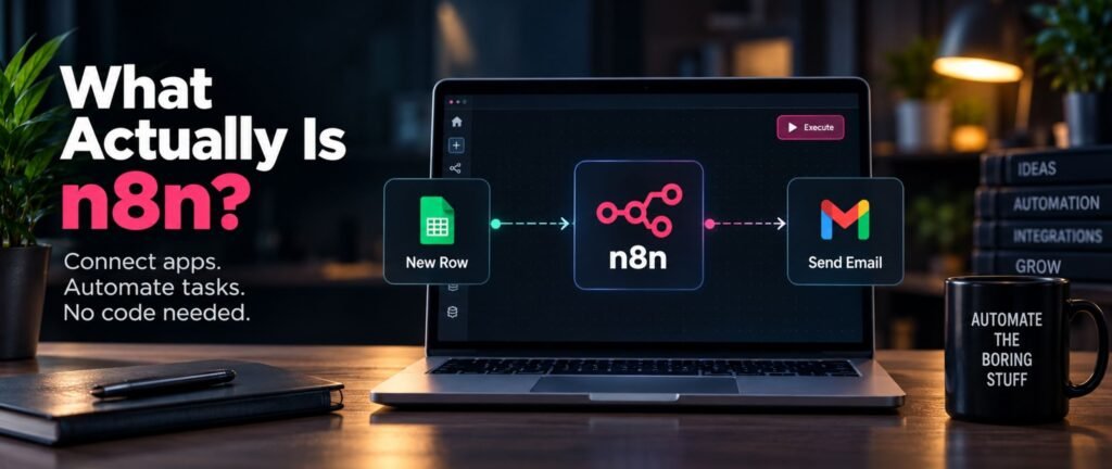 n8n for Beginners: The Only Guide You Actually Need 1 n8n for beginners guide explaining how n8n connects apps and automates tasks, illustrated with a workflow from a new row to n8n and an automated email.