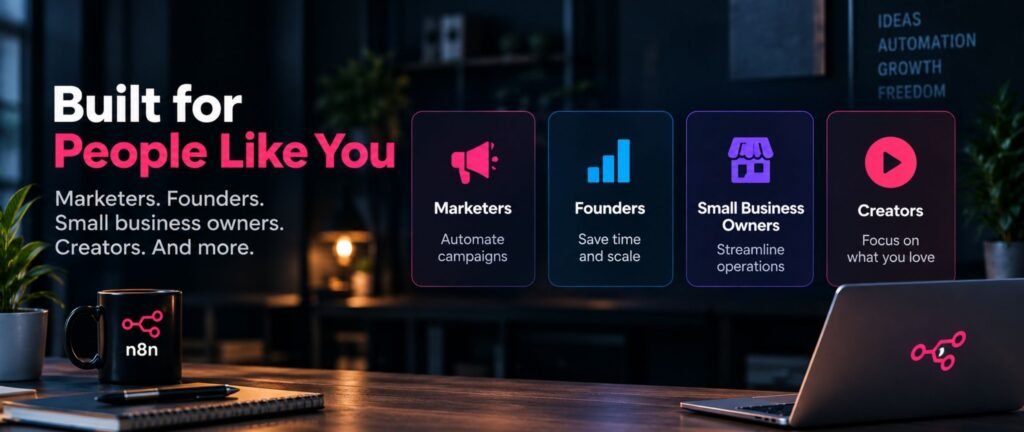 n8n for Beginners: The Only Guide You Actually Need 2 n8n for beginners automation platform designed for marketers, founders, small business owners, and creators, with visual cards showing how automation saves time and streamlines work.