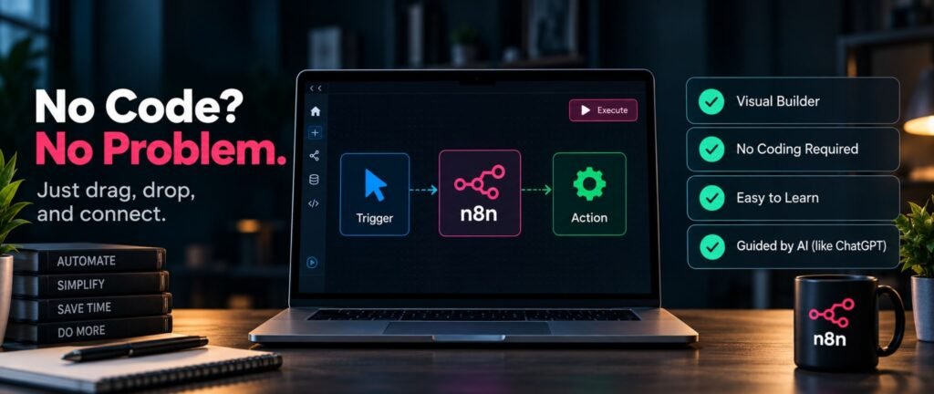 n8n for Beginners: The Only Guide You Actually Need 3 n8n for beginners no-code automation workflow showing a trigger connected to n8n and an action, highlighting visual building, no coding, easy learning, and AI guidance.