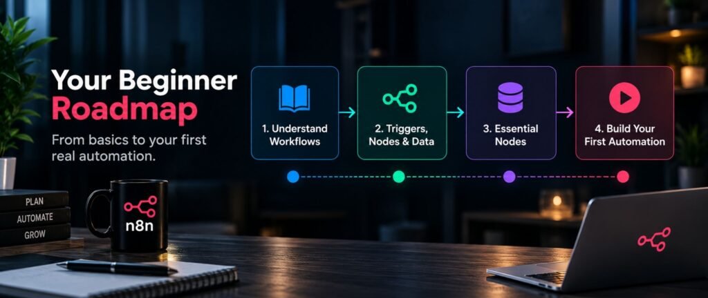 n8n for Beginners: The Only Guide You Actually Need 4 n8n for beginners roadmap showing four steps: understand workflows, learn triggers and data, master essential nodes, and build a first automation.