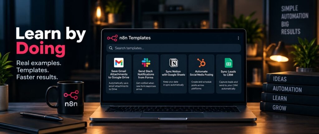n8n for Beginners: The Only Guide You Actually Need 5 n8n for beginners learning approach featuring an n8n templates dashboard with examples for Gmail, Slack, Notion, social media, and CRM automation.