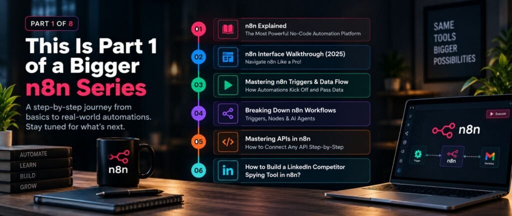 n8n for Beginners: The Only Guide You Actually Need 6 n8n for beginners automation concept showing how workflows can reduce manual work, create more time, increase productivity, and build future-ready skills.