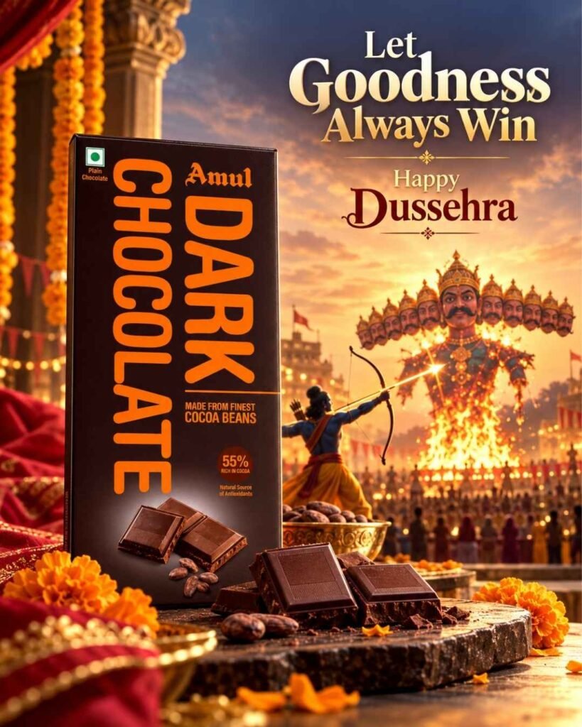 Dussehra Creative Ads featuring Amul Dark Chocolate, Lord Rama defeating Ravana, festive decorations, and a Happy Dussehra greeting.r